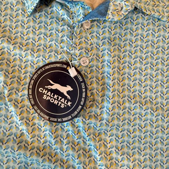 ChalkTalk Sports Tennis Polo Shirt AXL Blue Yellow Racket Print NWT - Picture 3 of 6